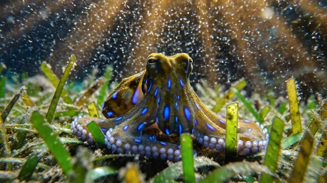 Blue ringed octopus camouflaged in seagrass bed under golden sunlight underwater.