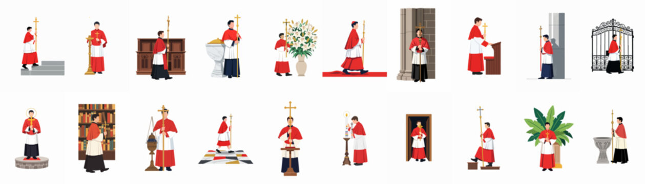 Set of Altar Boys in Traditional Liturgical Vestments Performing Various Tasks in a Catholic Church Setting, Vector Flat Illustration
