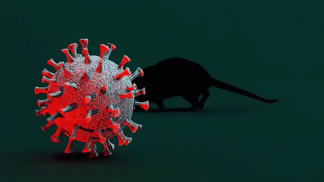 A detailed 3D-rendered image showing a spiky, spherical virus model in red and grey tones, with a black silhouette of a rat in the background against a dark teal backdrop