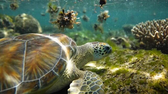Green Sea Turtle Swimming Over Coral Reef in Tropical Ocean.