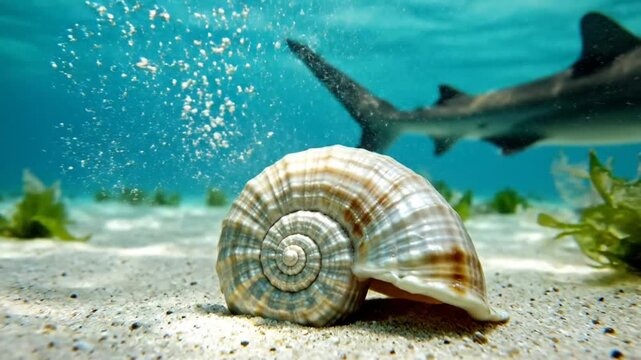 Large Seashell Resting on Sandy Ocean Floor with Shark Swimming in Background.