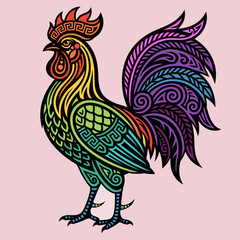 Rooster Standing Colorful Tribal Decorative Illustration Vector © Hari