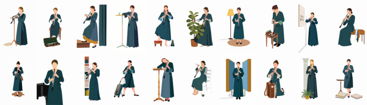 Collection of flat minimalist illustrations featuring a woman in a teal dress playing the oboe in various poses and musical settings.