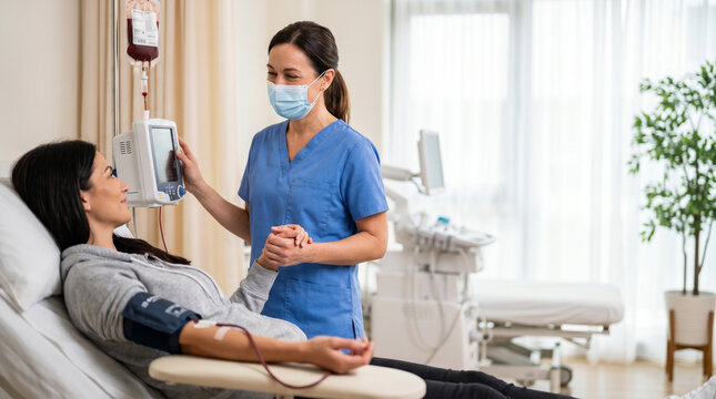 Woman donating blood sample in a medical clinic, attended by a nurse in blue scrubs, with bright natural lighting and a calm, professional atmosphere