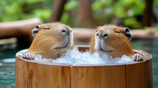 Two adorable capybaras relaxing in a wooden tub filled with ice, looking peaceful and cozy.