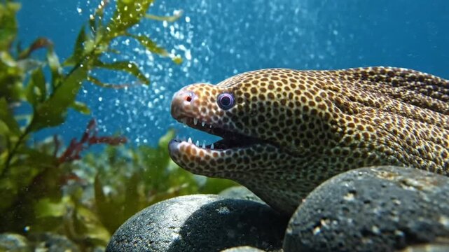 Spotted moray eel hiding among rocks in a vibrant underwater environment with bubbles.