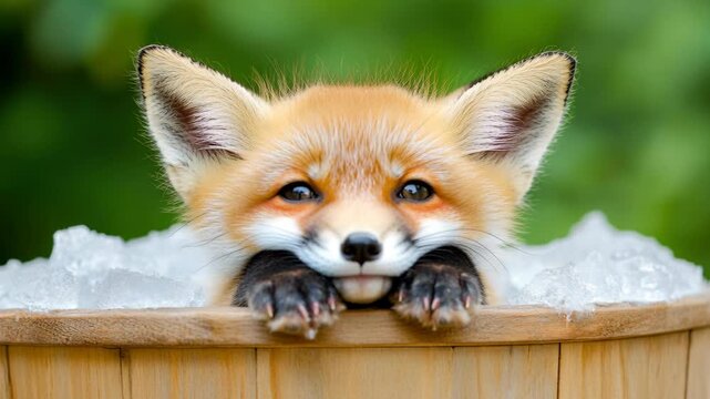 Cute red fox cub resting its head on the edge of a wooden bucket filled with crushed ice.