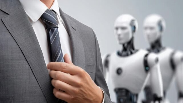 Professional businessman adjusting his tie standing in front of two futuristic robot workers.