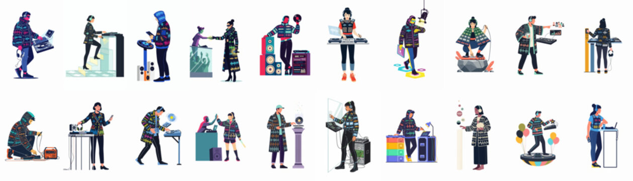 A collection of twenty colorful and futuristic illustrations showing various DJs and music producers with professional audio equipment and modern streetwear.
