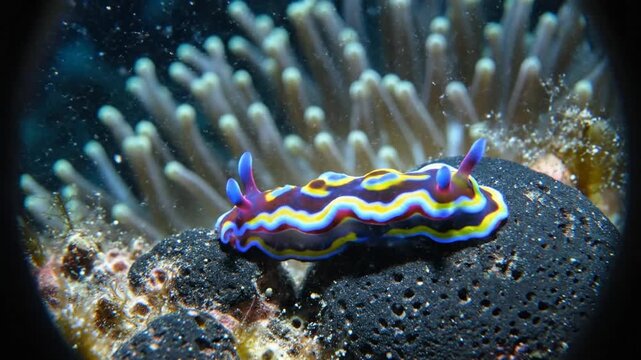 Vibrant Chromodoris Nudibranch Sea Slug Exploring Tropical Coral Reef Habitat.