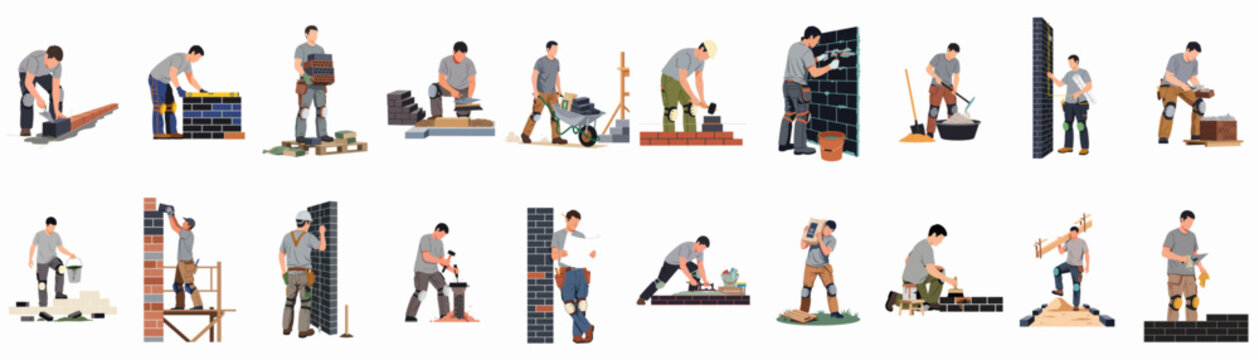 Comprehensive Collection of Professional Bricklayers and Construction Workers Performing Various Masonry Tasks in Flat Illustration Style