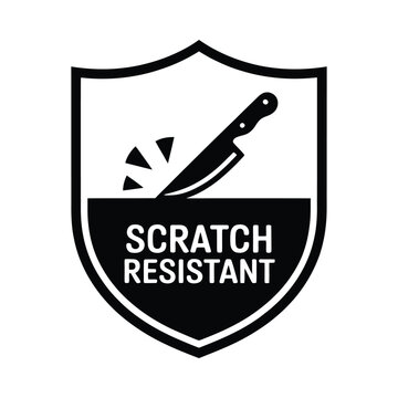 scratch resistant shield icon with knife and broken pieces black and white
