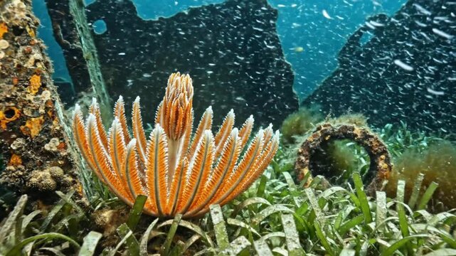 Vibrant Orange Feather Star Crinoid Resting on Seagrass Near Shipwreck with Schooling Fish.