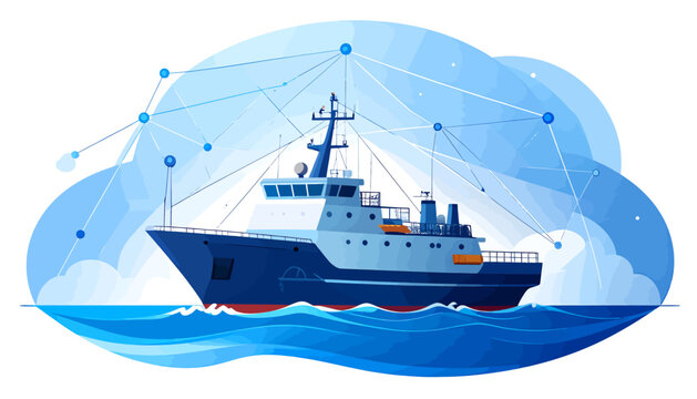 Fishing trawler vessel navigating the ocean waves with digital network overlay.