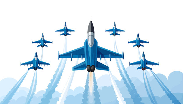 Blue Fighter Jets in Tight Formation Flight.