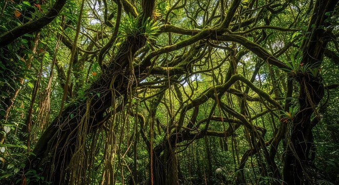 Dense tropical rainforest with sprawling tree roots and lush green foliage natural serene environment