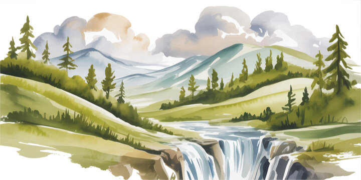 Scenic summer landscape featuring a lush green forest waterfall cascading through a mountain valley with a view of snowy peaks under a cloudy sky