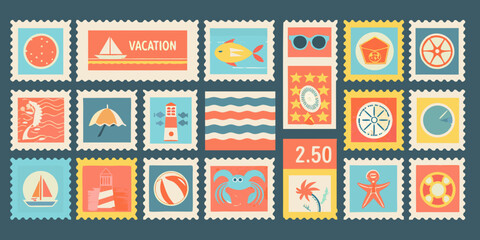 Collection of colorful travel themed postage stamps with summer vacation icons and imagery high quality © PabanBiswas