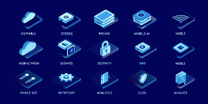 Isometric technology icons set in a grid arrangement modern blue and white style high quality