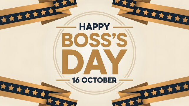 "Happy Boss's Day 16 October" Greeting Banner with Gold Ribbons and Stars
