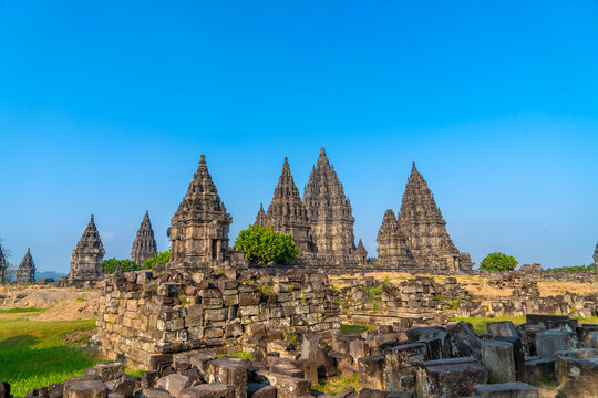 Ancient ruins of Prambanan Temple under renovation in Sleman, Yogyakarta, Indonesia. This magnificent 9th-century Hindu temple complex, a UNESCO World Heritage Site, the largest Hindu temple compound.