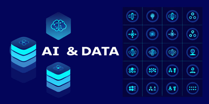 Artificial intelligence and data icons set 3d illustration with blue and dark background high quality