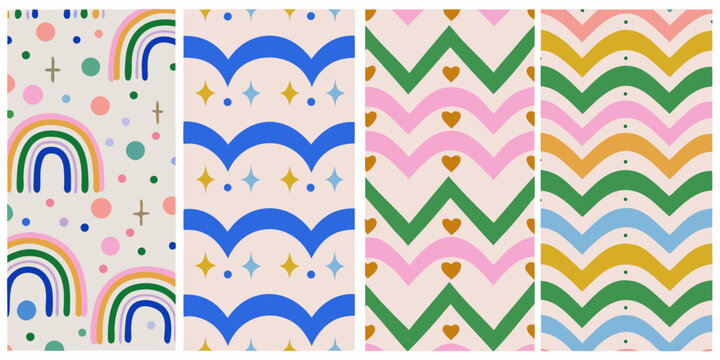Repeating geometric patterns with rainbows hearts and waves in a colorful vector illustration high quality