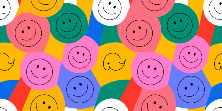 Repeating pattern of colorful smiley faces with black lines on a vibrant background high quality