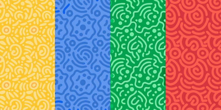 Abstract line art patterns in four bold colors yellow blue green and red high quality