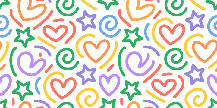 Colorful pattern of hearts stars swirls and squiggles on a white background high quality professional