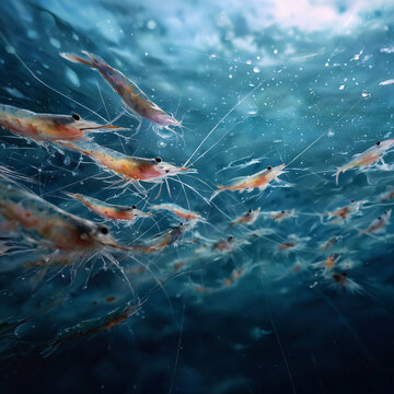 Red Krill Swarm in Deep Ocean Watercolor