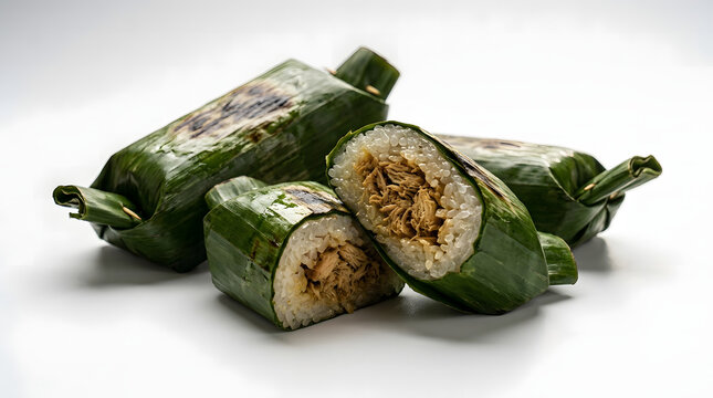 Traditional Indonesian lemper ayam &mdash; glutinous rice with shredded chicken wrapped in banana leaf, sliced open to reveal filling.