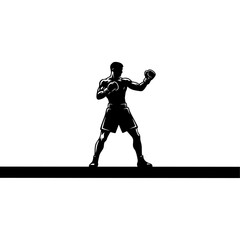 Obraz premium Athletic Boxer Silhouette in Fighting Guard Position on Ground Line