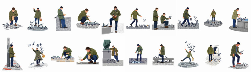 A collection of flat illustrations showing a man in a green jacket feeding pigeons in various city square settings and poses. © Asep