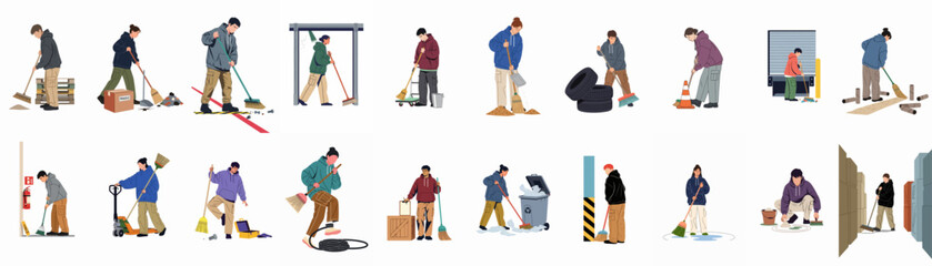 Collection of warehouse workers performing various cleaning and maintenance tasks with brooms and shovels in industrial settings. © Asep