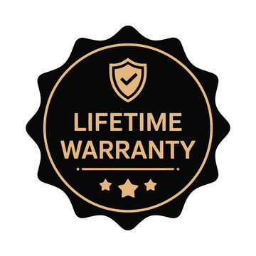 lifetime warranty badge with shield icon black and gold design on white background