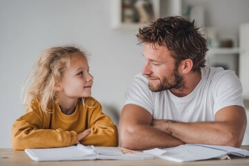 Fototapeta premium Father and daughter reading book together at home, loving parenting and childhood education, cozy family bonding.