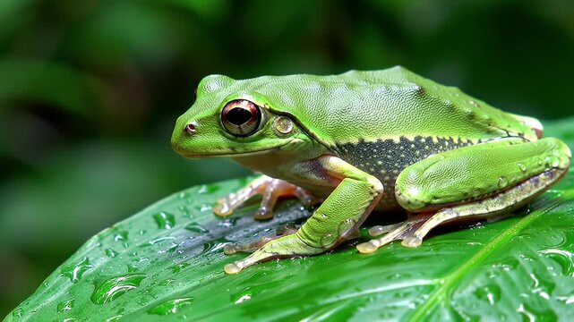 Green tree frog sits on a wet leaf