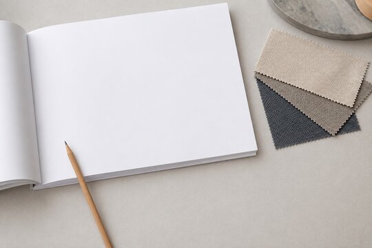 Creative brief pages with fabric swatches and empty margin with copy space
