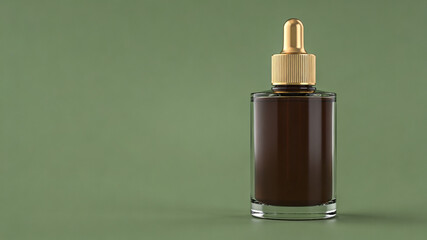 Naklejka premium A dark brown glass dropper bottle with a gold cap stands against a solid olive green background, offering space for text on the left.