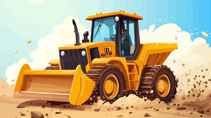 Fototapeta premium Illustration of a yellow bulldozer moving dirt on a construction site