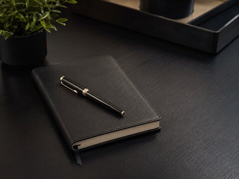 Premium black notebook with silver pen on dark oak desk for commercial use