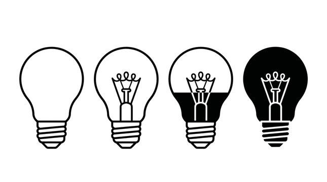 Four minimalist light bulb icons showing a loading progress from empty outline to solid black fill on white background, perfect for creative brainstorming, startup growth and tech innovation
