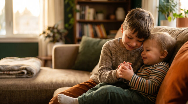 Warm scene of siblings cuddling on a cozy sofa in a sunlit living room with soft cushions and a bookshelf in the background