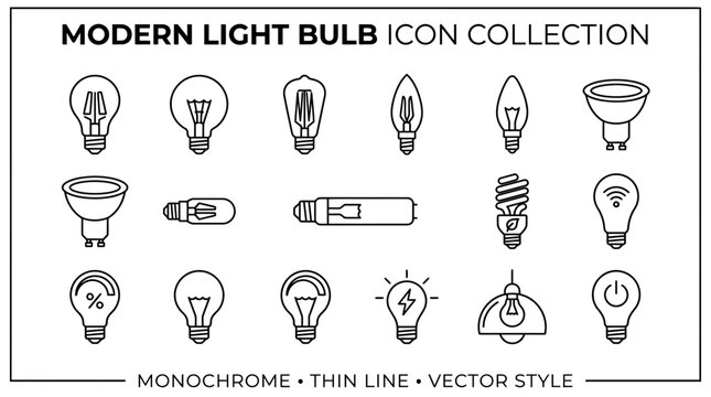 Set of modern monochrome thin line light bulb icons including LED, halogen and smart lamps on white background, perfect for technical infographics, app UI design and lighting branding