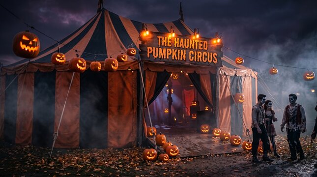 The haunted pumpkin circus halloween scene with spooky clowns and jack o lanterns