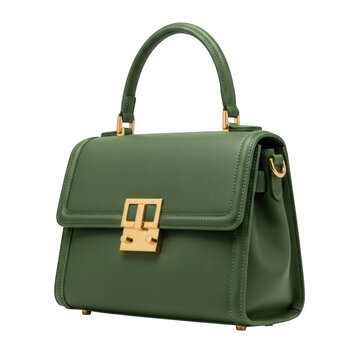 Green leather tote bag with zipper and logo on side isolated on transparent background