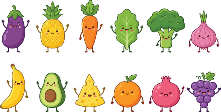cute cartoon fruit vegetable and cheese mascot characters set including pineapple banana avocado broccoli carrot grape orange onion