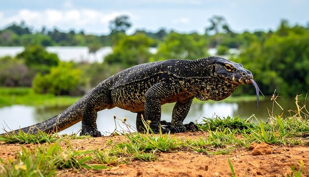 A large reptile stands on a dirt patch near a serene body of water