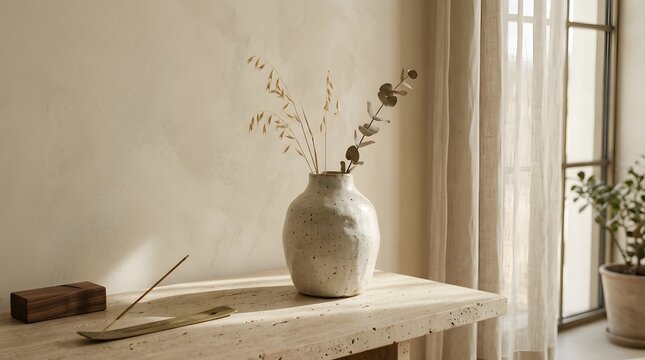 An antique gold metal vase with flowers creates a vintage still life interior decoration alongside an ancient glass oil lamp and a traditional tea cup